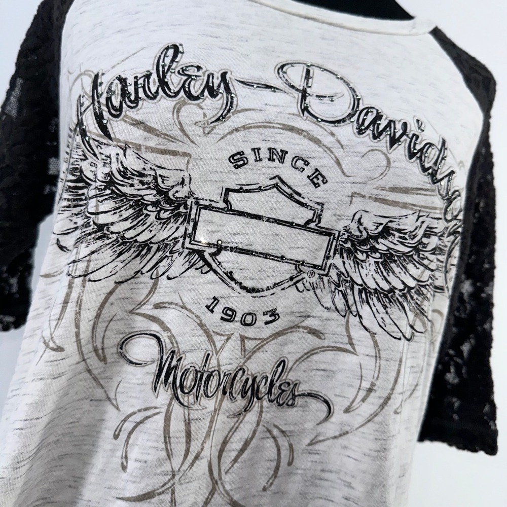Harley Davidson Womens Black‎ Lace Sleeve Raglan Graphic T Shirt Size L - Picture 2 of 9
